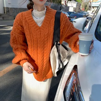 Harajuku Răsucite Model V Gât Pulover Pentru Femei Toamna Iarna Culoare Solidă Pulover Pulovere Casual Ladies Top Tricotat