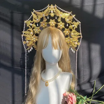 Lolita Soare Zeita Halo Înger Coroana, Colier, Diadema Reginei Anna Baroc Pearl Tiara Cu Bandă De Susținere Accesorii Gotice