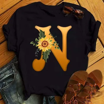 Maycaur Femei Tricou Personalizat Numele Combinație Scrisoare de Imprimare Tricou de Floarea-soarelui Scrisoare Font a B C D E F G Maneci Scurte Topuri Doamnelor
