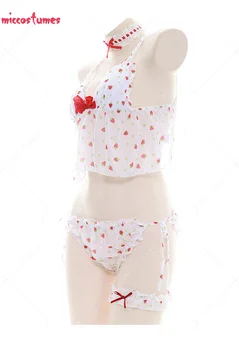 Stil japonez Alb și Roșu Strawbery Model de Sling Cămașă de noapte Set Lenjerie Pijamale Sexy Costum cu Cravată și Picior Inel