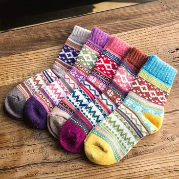 AZUE 5 Perechi de Iarnă pentru Femei Șosete Îngroșa Lână de Oaie Socking Cald Bărbați Stil Retro Colorate Moda Femei Sosete Pentru Cizme de Zapada