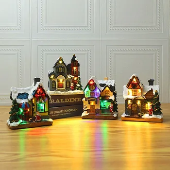 Decor de crăciun Sat Figurina zăpadă Casa de Colectare a construi Casa cu Mos Craciun Iluminat cu LED de CRĂCIUN Acasă Ornamente