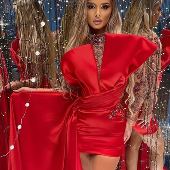 Red Satin Rochii de Seara 2021 Femei Simplu Sirenă Iluzie Rochii de Bal de Lux cu Margele Mâneci Lungi Rochie de Petrecere robe de soirée